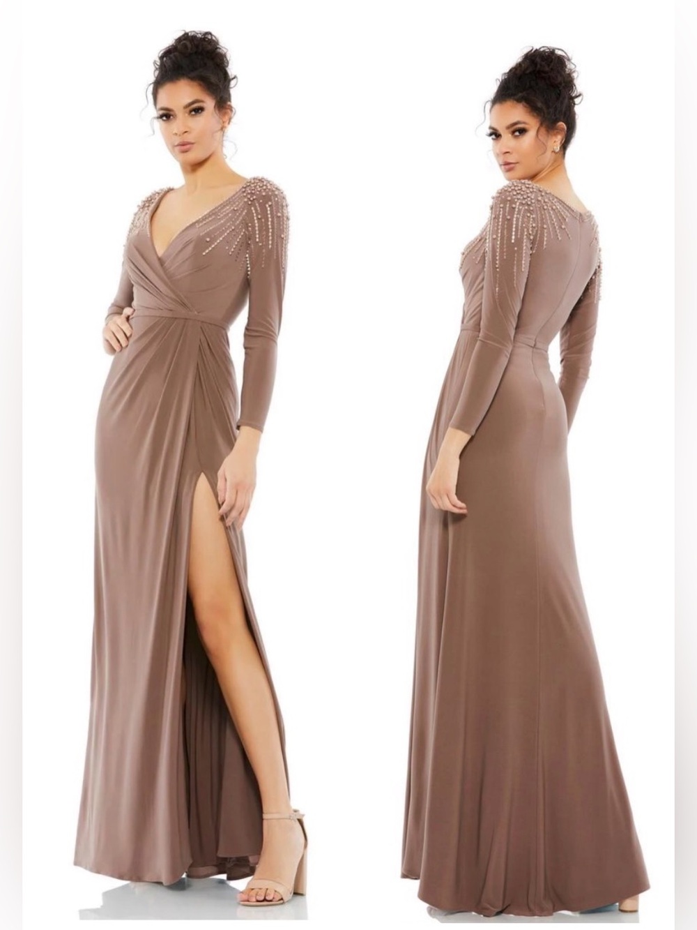 Mac Duggal 55715 faux wrap Long Sleeve mocha embellished Gown with slit Sz 14